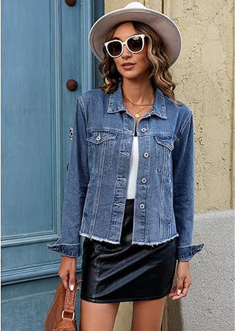 Classic Blue Acid Washed Women's Denim Frayed Hem Button Up Distressed Jackets