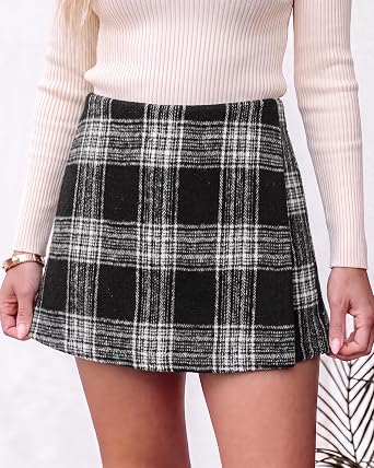 Black White Women's Plaid Skort High Waist Faux Wrap Mini Skirt with Side Zipper, Elastic Back & Built-in Shorts