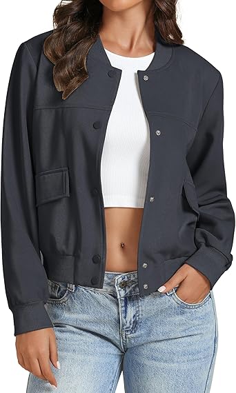 Charcoal Women's Casual Fully Buttoned Jackets Baseball Collar Front Pocket Moderate Fit Slight Stretch.