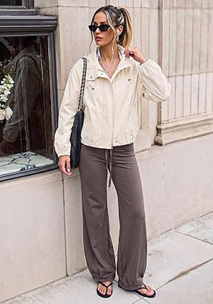 Cream White Women's Trendy Funnel Neck Bomber Jacket — Oversized Cropped Zip Up Hooded Jacket with Stand Collar & Elastic Cuff Hem