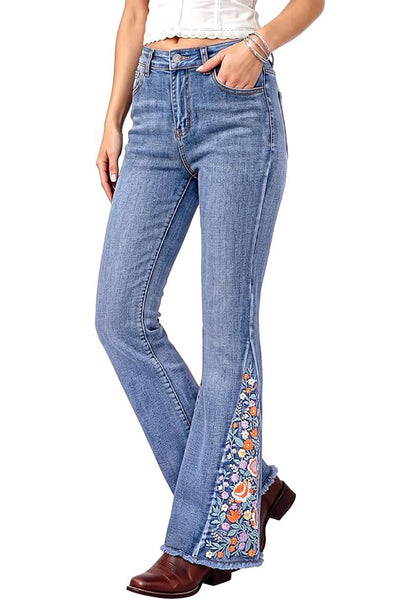 Eternal Blue Women's Floral Embroidery Flare Jeans — High Waisted Stretchy Bootcut Denim with Raw Frayed Hem & Retro Distressed Wash