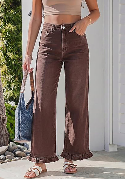 GRAPENT Women's High Waisted Ruffle Hem Wide Leg Jeans | Stretch Denim, 27.5" Inseam, Ankle Cropped, Baggy Fit, Weekend Casual