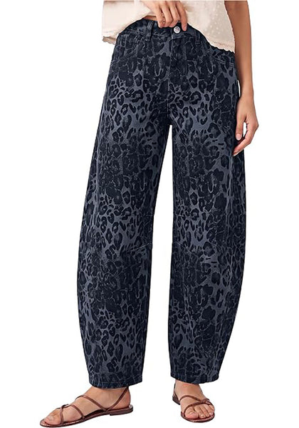 Gray Leopard Women's Trendy Leopard Barrel Jeans — High Waisted Baggy Wide Leg Stretchy Denim Pants with Front Seam & Ankle Length