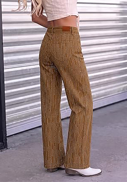 Brown  Women's Rhinestone Wide Leg Jeans, High Waisted Stretch Glitter Sparkly Embellished Denim Pants, 29.5" Inseam Trendy Party Night Out Outfits