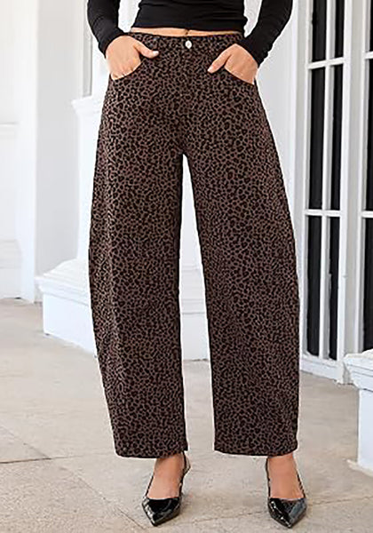 Mini Brown Leopard Women's Trendy Leopard Barrel Jeans — High Waisted Baggy Wide Leg Stretchy Denim Pants with Front Seam & Ankle Length