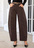 Mini Brown Leopard Women's Trendy Leopard Barrel Jeans — High Waisted Baggy Wide Leg Stretchy Denim Pants with Front Seam & Ankle Length