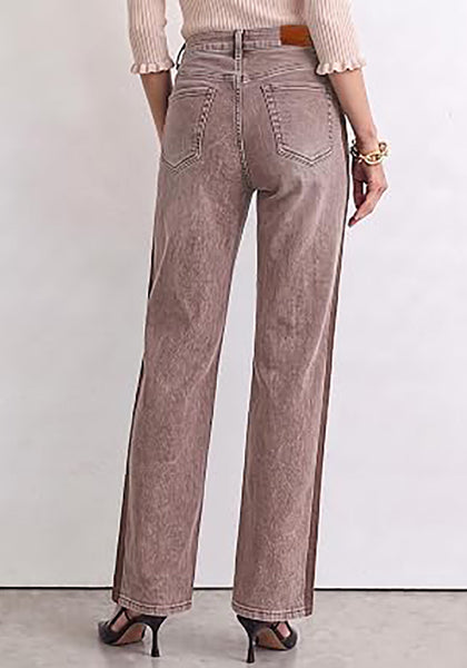 Pecan Brown Women's High Waisted Straight Leg Jeans, Tuxedo Side Stripe Stretchy Denim Pants, 29" Inseam Relaxed Fit 90s Style Concert Outfits