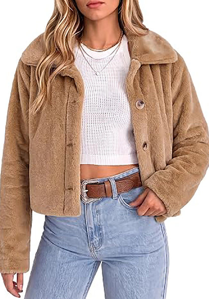 Khaki Women's Cropped Fluffy Faux Fur Coat — Oversized Lapel Jacket with Button Down Closure & Warm Lining