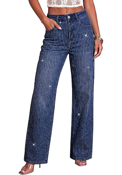 Darkness Blue  Women's Rhinestone Wide Leg Jeans, High Waisted Stretch Glitter Sparkly Embellished Denim Pants, 29.5" Inseam Trendy Party Night Out Outfits