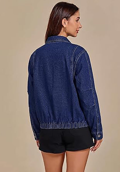 Darkness Blue Women's Funnel Neck Denim Jacket — Oversized Zip Up Jean Jacket with Drop Shoulder, Elastic Hem & Side Slant Pockets