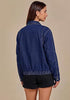 Darkness Blue Women's Funnel Neck Denim Jacket — Oversized Zip Up Jean Jacket with Drop Shoulder, Elastic Hem & Side Slant Pockets