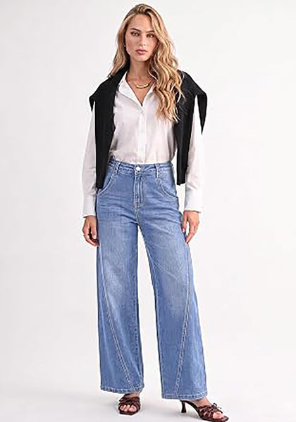 Modern Blue Women's Wide Leg High Waist Stretch Jeans Baggy Straight Leg Denim Pants,  29.5 Inch Inseam Angled Side Seam, Country Concert Western Style