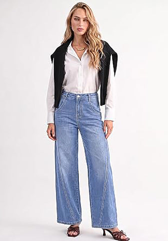 Modern Blue Women's Wide Leg High Waist Stretch Jeans Baggy Straight Leg Denim Pants,  29.5 Inch Inseam Angled Side Seam, Country Concert Western Style
