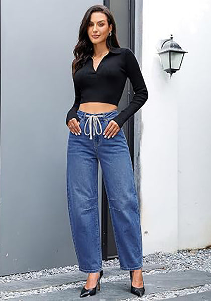 Classic Blue Barrel Jeans for Women High Waisted Baggy Drawstring Wide Leg Denim Pants Stretchy Ankle Length 27.5 Inseam Casual Trendy