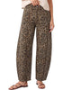 Khaki Brown Leopard  Women's Trendy Leopard Barrel Jeans — High Waisted Baggy Wide Leg Stretchy Denim Pants with Front Seam & Ankle Length