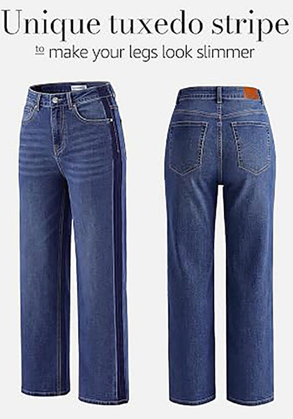 Darkness Blue Women's High Waisted Straight Leg Jeans, Tuxedo Side Stripe Stretchy Denim Pants, 29" Inseam Relaxed Fit 90s Style Concert Outfits
