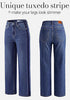 Darkness Blue Women's High Waisted Straight Leg Jeans, Tuxedo Side Stripe Stretchy Denim Pants, 29
