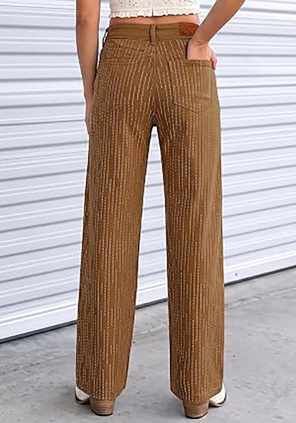 Brown  Women's Rhinestone Wide Leg Jeans, High Waisted Stretch Glitter Sparkly Embellished Denim Pants, 29.5" Inseam Trendy Party Night Out Outfits