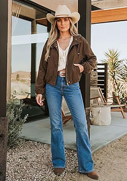 Chocolate Brown Women's Trendy Funnel Neck Bomber Jacket — Oversized Cropped Zip Up Hooded Jacket with Stand Collar & Elastic Cuff Hem