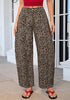Khaki Brown Leopard  Women's Trendy Leopard Barrel Jeans — High Waisted Baggy Wide Leg Stretchy Denim Pants with Front Seam & Ankle Length
