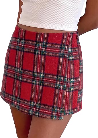 Red Green Women's Plaid Skort High Waist Faux Wrap Mini Skirt with Side Zipper, Elastic Back & Built-in Shorts