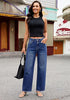 Darkness Blue Women's High Waisted Wide Leg Jeans by luvamia — Stretchy 90s Baggy Straight Denim, Raw Hem, Button Front, 29.5