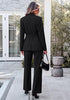 Black Women's 2 Piece Blazer Pants Suit, Business Casual Long Sleeve Belted Double Breasted Blazer & Elastic High Waisted Flared Pants Set, Dressy Office Work Outfits