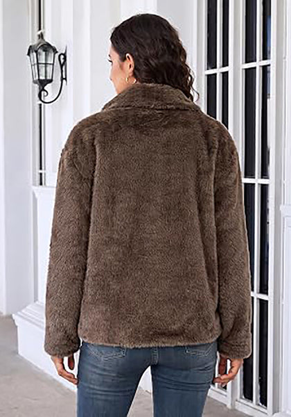Brown Wide Lapel Faux Fur Coat for Women — Oversized Dropped Shoulder Jacket with Side Pockets & Snap Buttons