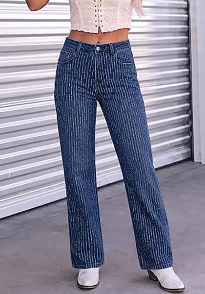 Darkness Blue  Women's Rhinestone Wide Leg Jeans, High Waisted Stretch Glitter Sparkly Embellished Denim Pants, 29.5" Inseam Trendy Party Night Out Outfits