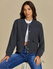 Charcoal Women's Casual Fully Buttoned Jackets Baseball Collar Front Pocket Moderate Fit Slight Stretch.