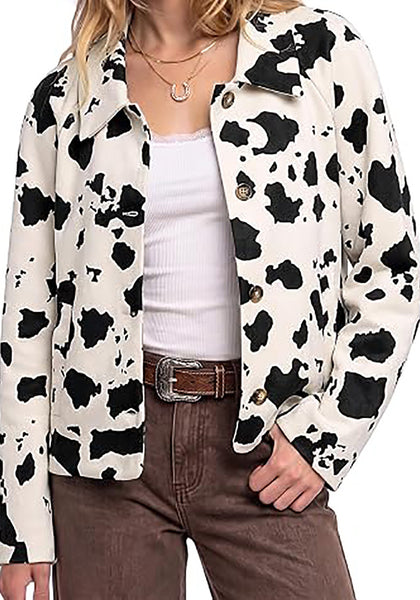 Black Cow Print Women's Cow Print Faux Suede Shacket — Cropped Button Down Jacket with Pockets & Full Lining