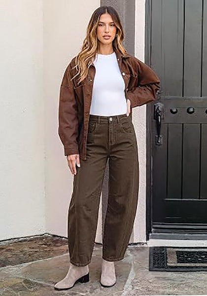 Dark Brown Women's Trendy Barrel Jeans — High Waisted Baggy Wide Leg Denim Pants with Cinched Waist, Front Seam & Ankle Length