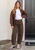 Dark Brown Women's Trendy Barrel Jeans — High Waisted Baggy Wide Leg Denim Pants with Cinched Waist, Front Seam & Ankle Length