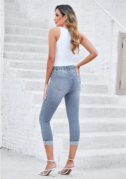 Daylight Blue - Acid Wash Women's High Waisted Elastic Slight Stretch Denim Pull On Cuffed Hem Capri Jeans Denim Pants