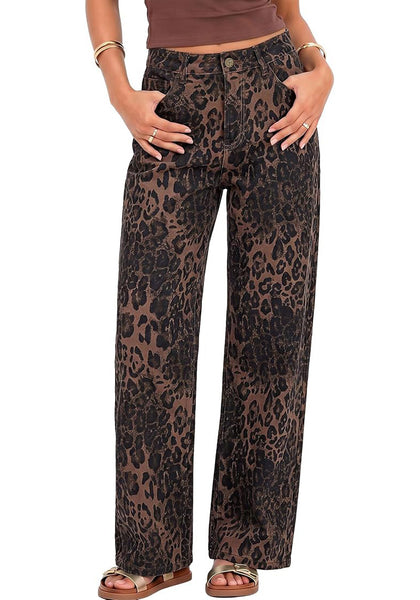 GRAPENT Women's High Waist Wide Leg Leopard Jeans | Stretchy Denim, Baggy Loose Fit, 29.5" Inseam, Cheetah Print, Western Chic Outfits
