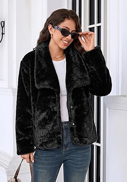 Black Wide Lapel Faux Fur Coat for Women — Oversized Dropped Shoulder Jacket with Side Pockets & Snap Buttons