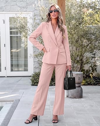 Peach Blush Women's 2 Piece Double Breasted Pantsuit — Double Breasted, Wide Leg & Structured Shoulders, Professional Dressy Pantsuit Set, Office Chic, 2026 Fall Fashion
