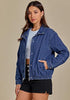 Classic Blue Women's Funnel Neck Denim Jacket — Oversized Zip Up Jean Jacket with Drop Shoulder, Elastic Hem & Side Slant Pockets