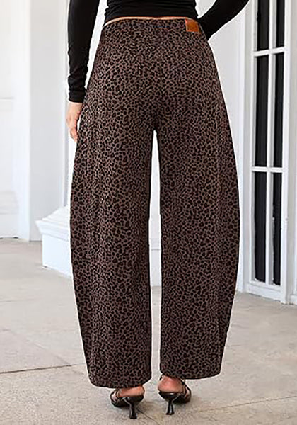 Mini Brown Leopard Women's Trendy Leopard Barrel Jeans — High Waisted Baggy Wide Leg Stretchy Denim Pants with Front Seam & Ankle Length