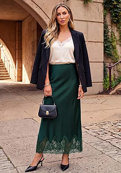Dark Green Women's Satin Maxi Skirt — Silky Bias Cut Long Slip Skirt with Easy Pull On Elastic Waistband & Lace Trim Hem