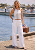Cream White Women's High Waisted Wide Leg Jeans by luvamia — Stretchy 90s Baggy Straight Denim, Raw Hem, Button Front, 29.5