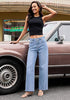 Reef Blue Women's High Waisted Wide Leg Jeans by luvamia — Stretchy 90s Baggy Straight Denim, Raw Hem, Button Front, 29.5
