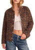 Brown Leopard Women's Leopard Print Bomber Jacket — Oversized Brushed Wool Blend Cheetah Jacket with Stand Collar, Snap Buttons & Elastic Hem