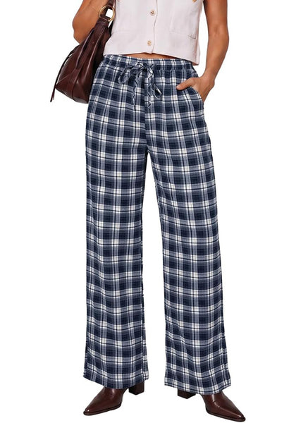 GRAPENT Women's High Waisted Wide Leg Plaid Pants | Tartan Pattern, Elastic Waist Drawstring, Pockets, Relaxed Fit, Casual Daily Fall Outfits
