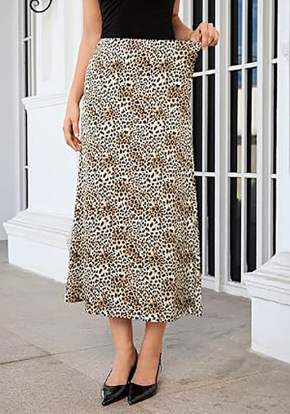 Sand Cheetah Women's Leopard Print Satin Maxi Skirt — High Waisted Bias Cut A Line Slip Skirt with Stretchy Elastic Waistband