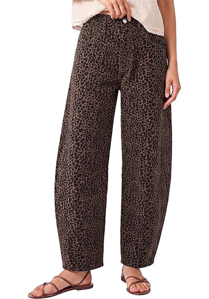 Mini Brown Leopard Women's Trendy Leopard Barrel Jeans — High Waisted Baggy Wide Leg Stretchy Denim Pants with Front Seam & Ankle Length