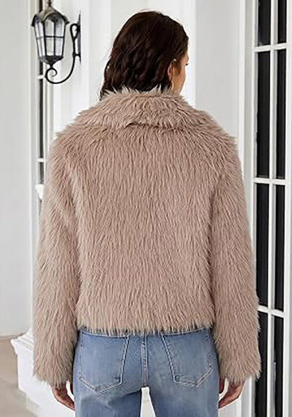 khaki Women's Solid Color Shaggy Faux Fur Jacket — Cropped Long Pile Coat with Lapel Collar, Hook Closure & Drop Shoulder