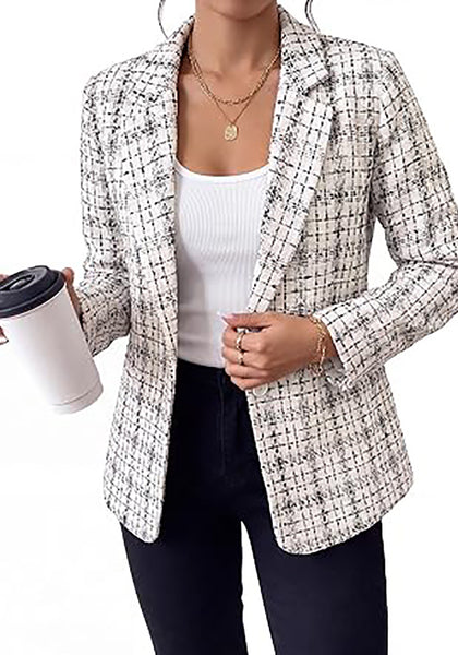 Beige Women's Plaid Tweed Work Blazer | Long Sleeve Notched Lapel Jacket, Fully Lined, Shoulder Pads, Single Button, 2 Pockets – Office, Interview, Business Casual