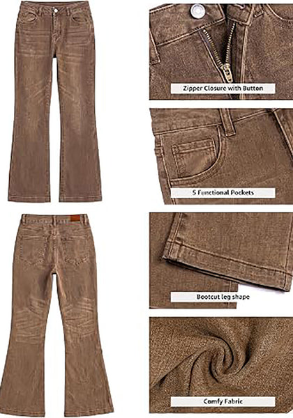 Toffee Brown Women's Trendy Mid Rise Bootcut Jeans — Stretchy Western Denim Pants with 90s Vintage Flare & 30.5" Inseam