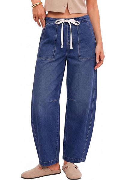 GRAPENT Women's High Waisted Baggy Barrel Jeans | Stretchy Denim, Elastic Drawstring Waist, Pull On, 27.5" Inseam, Ankle Length, Dressy Casual Outfits